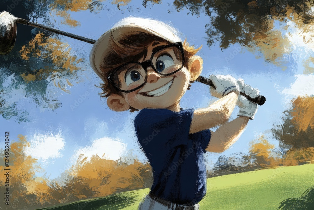 Fototapeta premium Happy boy with glasses swinging a golf club on a sunny day