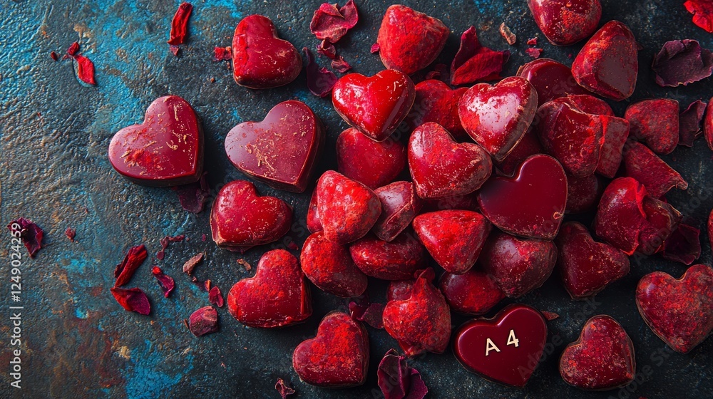 Fototapeta premium A chocolate bouquet for Valentine's Day, including chocolates of different shapes and surrounded by red and white rose petals on a dark backdrop