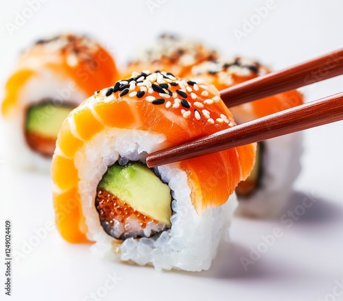 Salmon sushi roll picked up with chopsticks, close-up, white background, restaurant menu photo