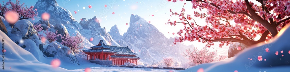 Fototapeta premium Traditional Asian Architecture Nestled in Snow-Covered Mountain Landscape with Cherry Blossoms