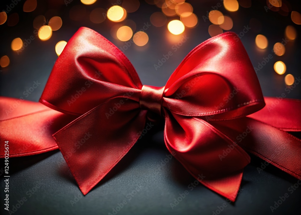 Elegant Red Ribbon Bow on Black Background - Festive Holiday Decoration Stock Photo Elegant Red Ribbon Bow on Black Background - Festive Holiday Decoration Stock Photo