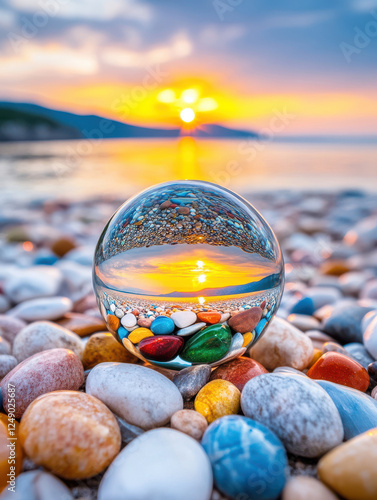 crystal ball reflecting sunset over beach filled with colorful pebbles, creating serene and captivating scene. vibrant colors and tranquil atmosphere evoke sense of peace and wonder