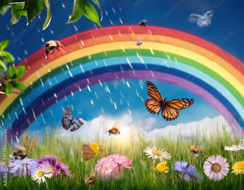 Naklejka premium Generated image A whimsical scene of a meadow with bees, butterflies, and a vibrant rainbow after a spring