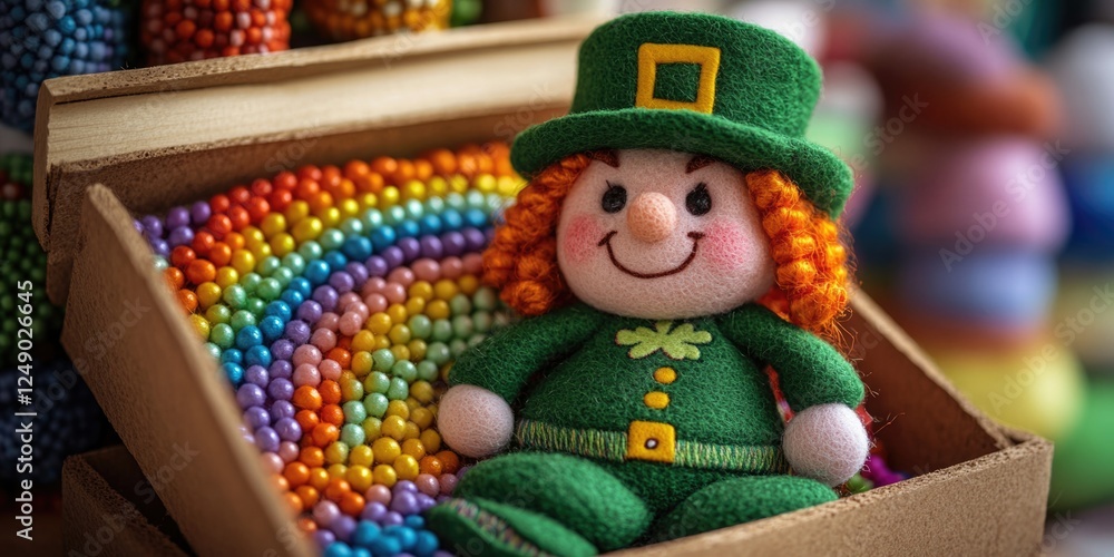 A charming box filled with colorful rainbow candy, adorned with green beads and a plush leprechaun toy, all perfect for a St. Patrick's Day celebration. A charming box filled with colorful rainbow candy, adorned with green beads and a plush leprechaun toy, all perfect for a St. Patrick's Day celebration.