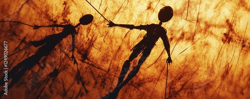 Panoramic scene of dark human silhouettes that resemble shadow puppets or dancers, projected against a warm backlit background, creating a dramatic contrast, mystery, and theatrical movement.