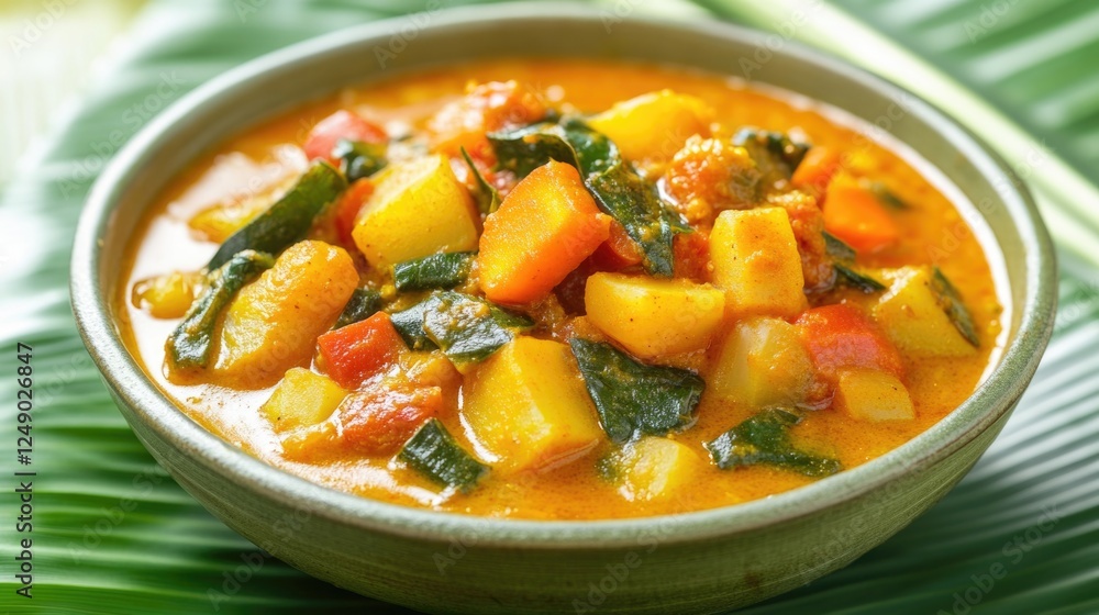 A bowl of spicy Thai vegetable soup with fresh herbs and aromatic spices, served on a banana leaf for authentic presentation. A bowl of spicy Thai vegetable soup with fresh herbs and aromatic spices, served on a banana leaf for authentic presentation.