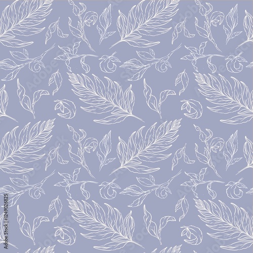 Botanical white outline pattern featuring various leaves on purple background