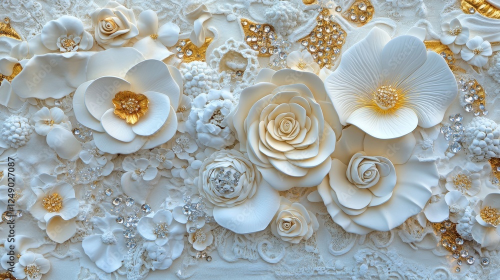 A magnificent arrangement of white roses, gold orchids, and crystal details, showcased in a tall vase A magnificent arrangement of white roses, gold orchids, and crystal details, showcased in a tall vase