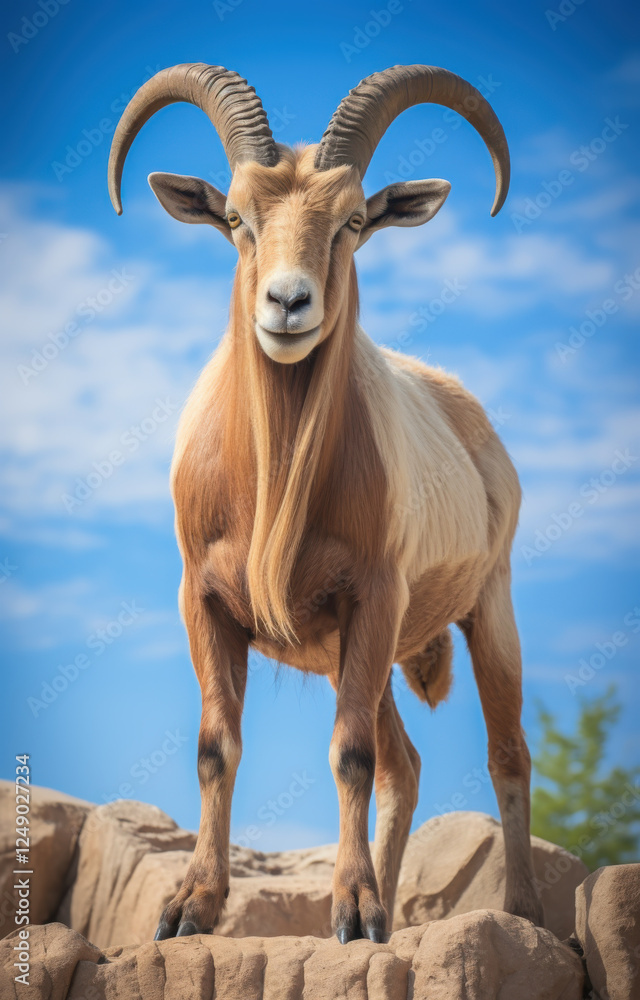 Majestic goat standing on rocks under blue sky, showcasing its impressive horns and unique fur. animal exudes confidence and grace in its natural habitat Majestic goat standing on rocks under blue sky, showcasing its impressive horns and unique fur. animal exudes confidence and grace in its natural habitat