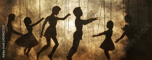 Panoramic scene of dark human silhouettes resembling shadow puppets or dancers projected on a warm amber backlit backdrop, creating dramatic contrast, mystery, and theatrical movement.
