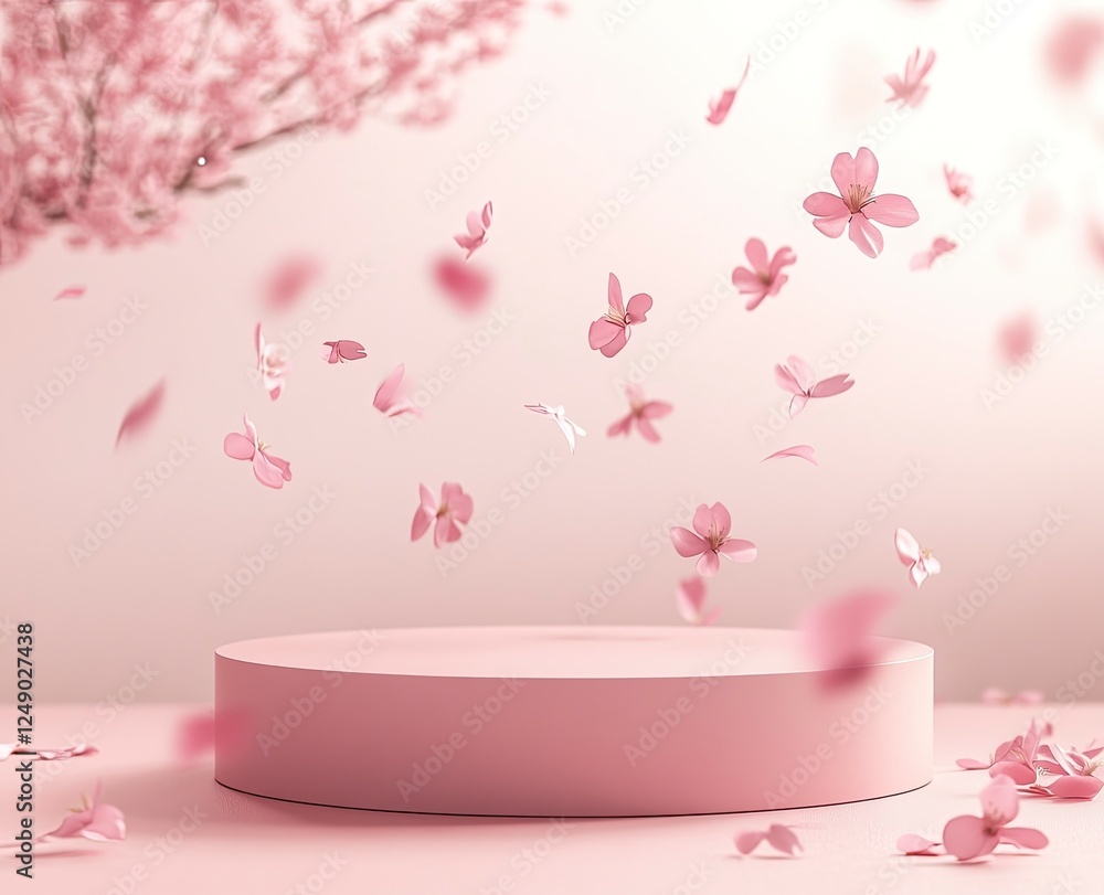 A podium on the ground with scattered pink petals flying, a minimal mockup background for product presentation A podium on the ground with scattered pink petals flying, a minimal mockup background for product presentation