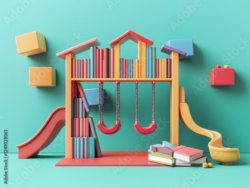 Illustration of a colorful playground shaped like books with slides and swings, representing imagination, education, childhood creativity, learning through play, and joyful design.