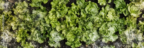 Aerial view of lettuce plants affected by powdery mildew disease in garden