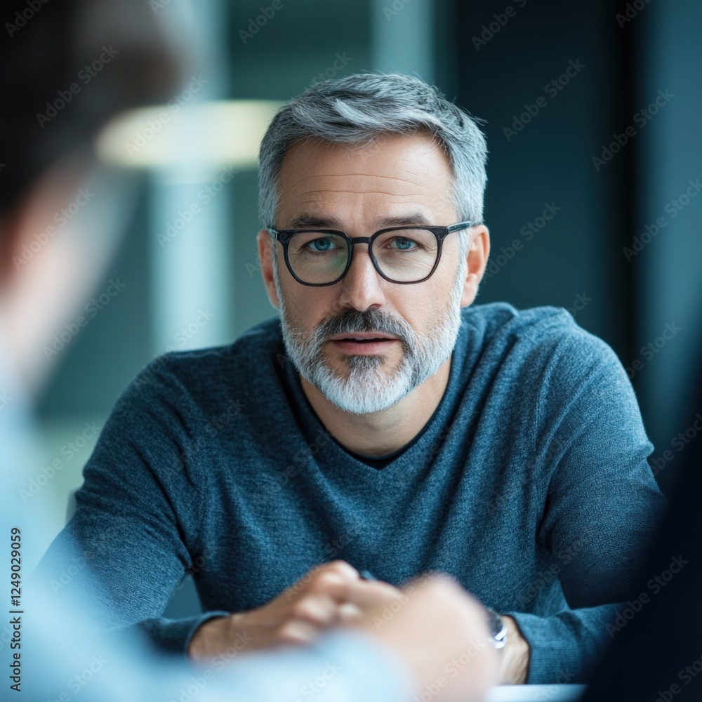 man with gray hair and glasses in a meeting man with gray hair and glasses in a meeting
