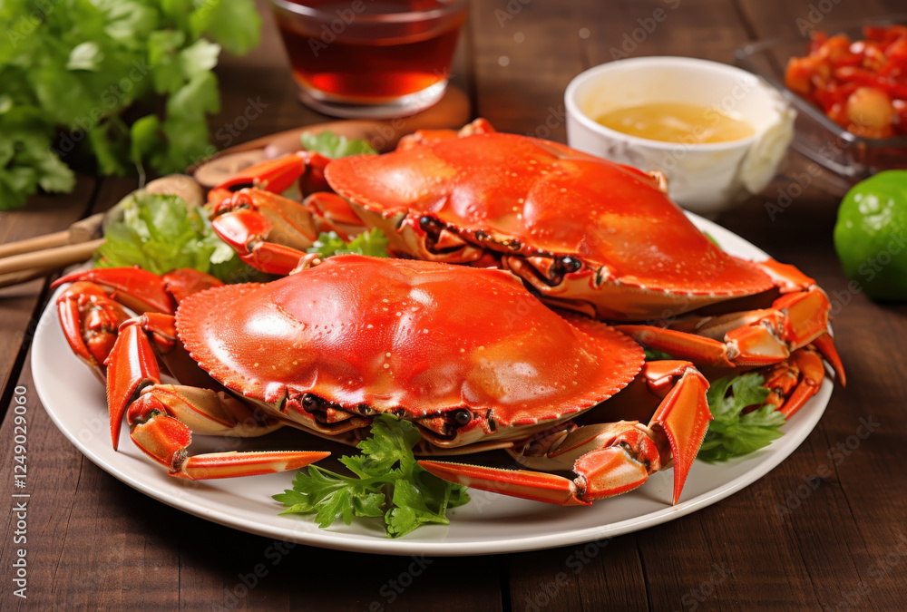Delicious red crabs served on white plate with fresh herbs, accompanied by dipping sauce and lime. Perfect for seafood lovers and festive gatherings Delicious red crabs served on white plate with fresh herbs, accompanied by dipping sauce and lime. Perfect for seafood lovers and festive gatherings