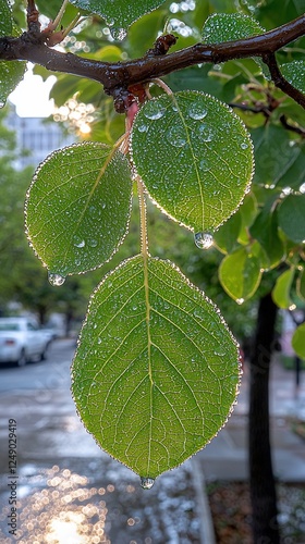 Dew drops on green leaves, city street background.  Possible use Nature, spring, summer photo