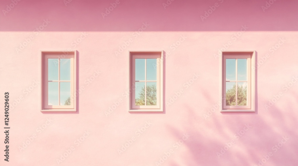 Fototapeta premium Pink wall, three windows, trees, sunlight, minimalist design, home exterior