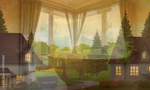A cartoon-style animation of a suburban neighborhood with two houses and trees. The sky is a vibrant orange with clouds and the sun is shining. The camera pans around the scene, creating a p