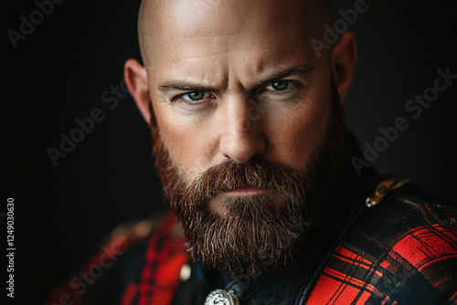 Authentic scottish person piper in traditional attire generated with AI image photo