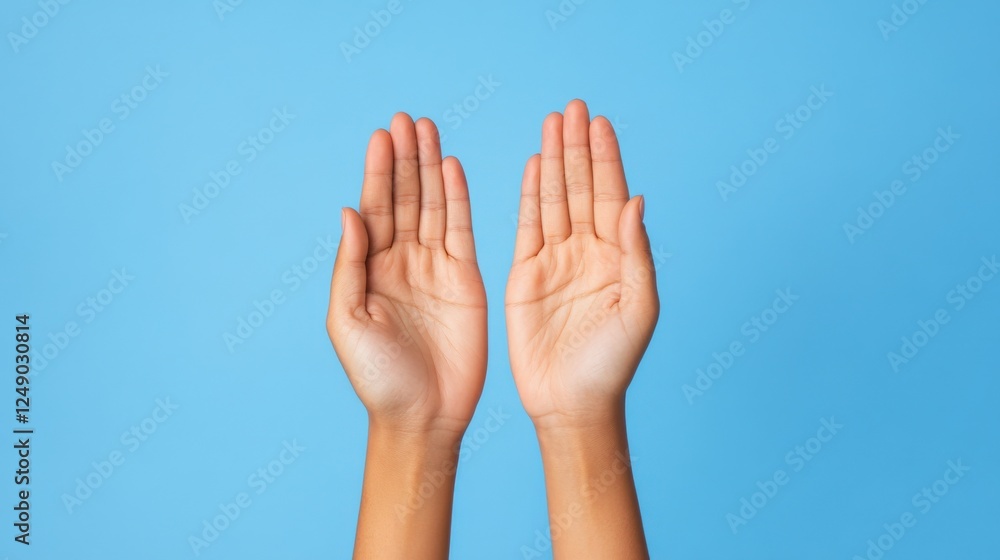hands raised in a greeting gesture on blue background hands raised in a greeting gesture on blue background