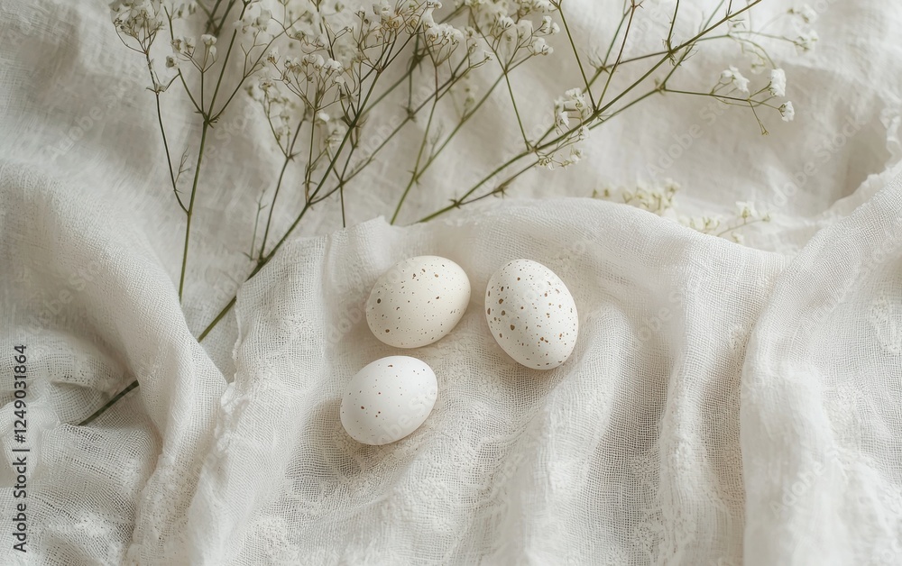 Minimalist natural linen fabric with delicate lace detailing and tiny egg motifs for Easter Minimalist natural linen fabric with delicate lace detailing and tiny egg motifs for Easter