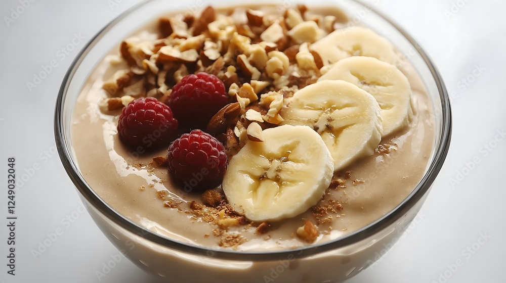 Banana smoothie bowl topped with nuts and raspberries for healthy eating Banana smoothie bowl topped with nuts and raspberries for healthy eating