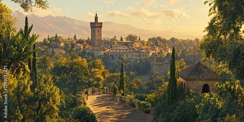 Alhambra Palace autumn view, Spain.  Gardens, mountains background. Travel