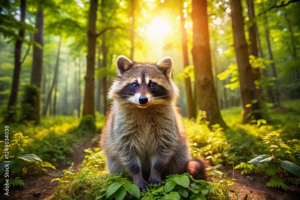 Obraz premium Fluffy Raccoon in Forest Glade - Adorable Wildlife Aerial Photography