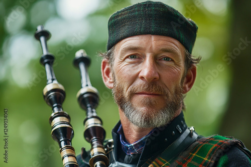 Portrait of a smiling Scottish man in traditional dress generated with AI photo