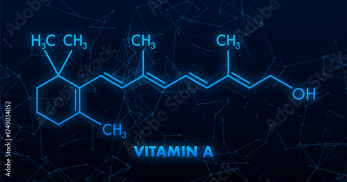 Vitamin A chemical formula glowing on dark blue background
