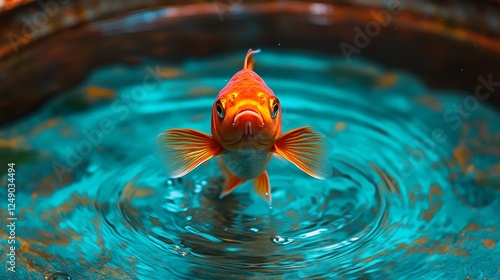 With each stroke, the goldfish disturbs the calm water of the tank, creating ripples photo