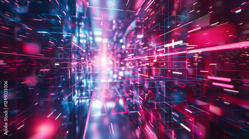 Futuristic digital abstract background. Neon cyber space with glowing pink and blue lights, geometric grid structures, and motion blur. High-tech, AI, and virtual reality-inspired concept.