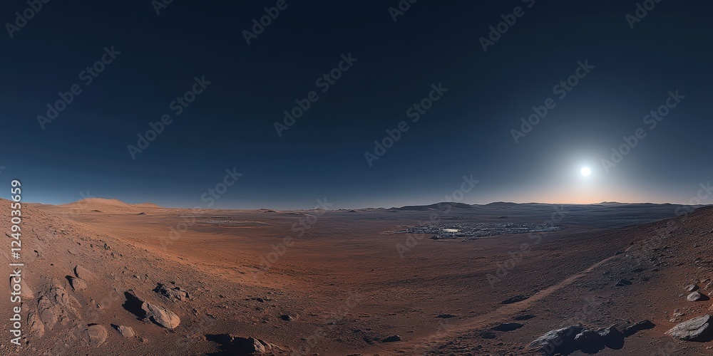 Fototapeta premium Vast Arid Landscape of Mars Under a Distant Sun: A Panoramic View of the Barren Martian Terrain and Rocky Mountains in the Background