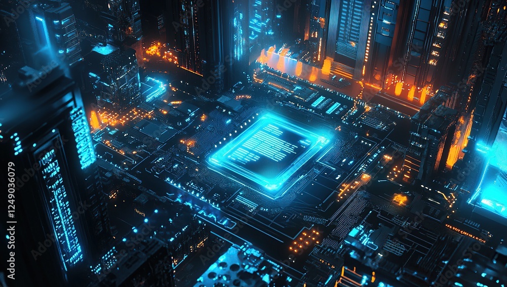 Fototapeta premium Cyberpunk Cityscape: Futuristic Circuit Board Metropolis Glows Brightly at Night