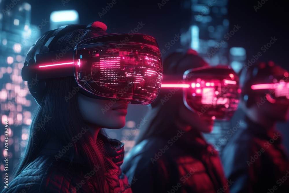 A 3D-rendered group of professionals standing in a circle, holographic data floating between them as they collaborate A 3D-rendered group of professionals standing in a circle, holographic data floating between them as they collaborate