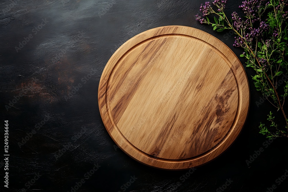 Fototapeta premium Empty Wooden Cutting Board on Dark Background with Herbs