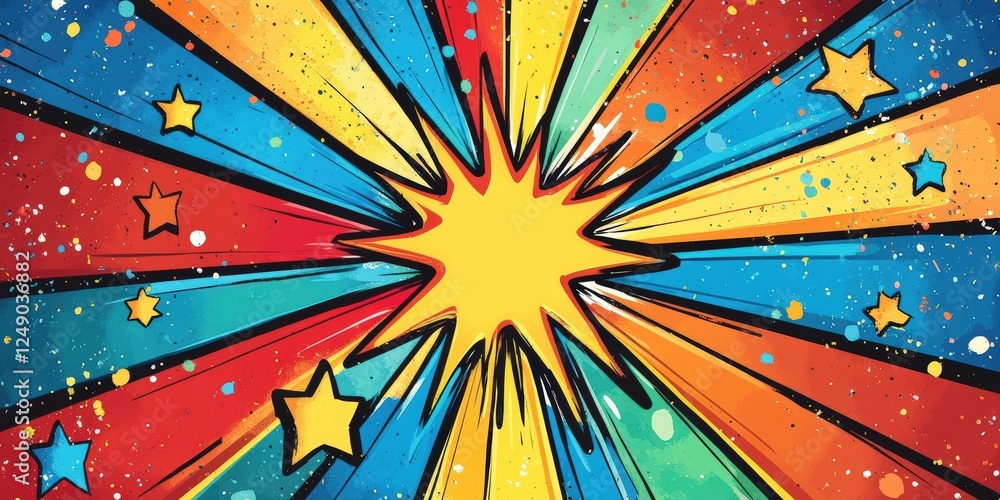 Fototapeta premium Colorful Vector Background with Radiating Rays and Stars in Bright Red, Blue, Yellow, and Orange for Dynamic and Vibrant Visuals