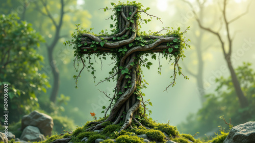 Cross with roots emerging from its base, covered in ivy and moss, surrounded by forest setting.
