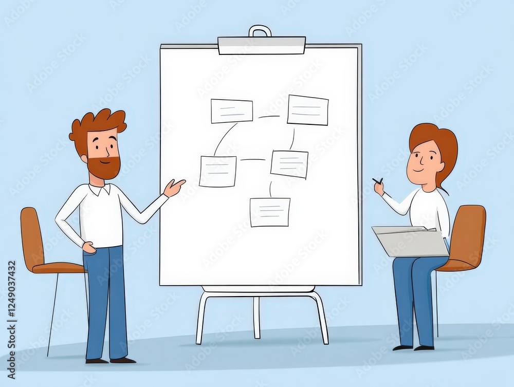 man presenting a flowchart to a woman working on a laptop man presenting a flowchart to a woman working on a laptop