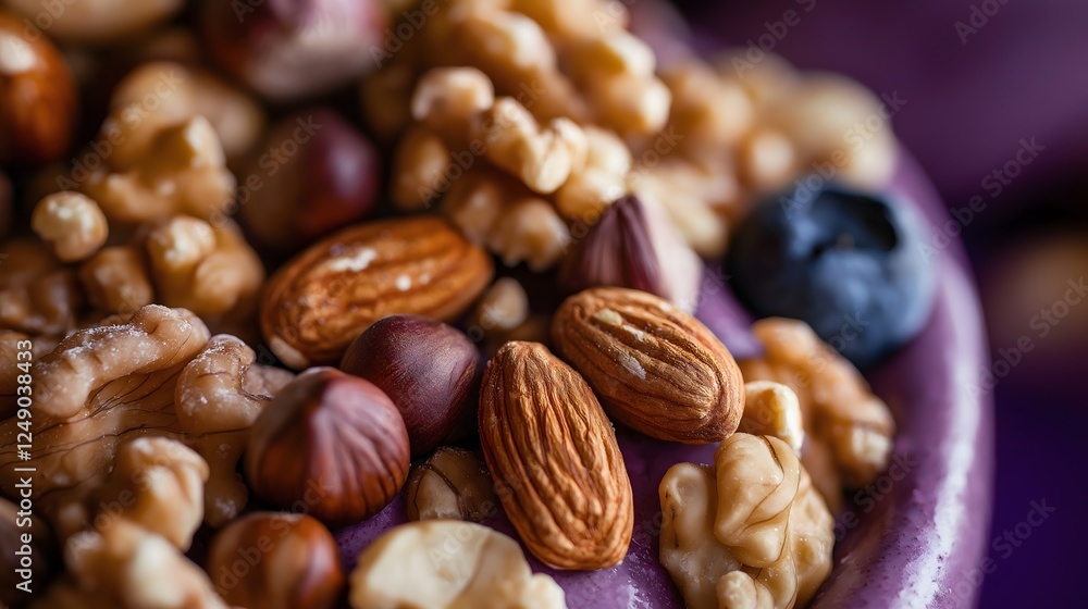 Close-up shot of almond, hazelnut, walnut, and blueberry mixture Close-up shot of almond, hazelnut, walnut, and blueberry mixture