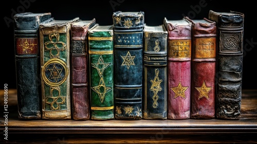 Antique books, occult symbols, dark background, shelf, history study