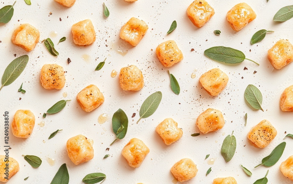 Pan-fried gnocchi with brown butter and sage, beautifully arranged on a pastel white background Pan-fried gnocchi with brown butter and sage, beautifully arranged on a pastel white background