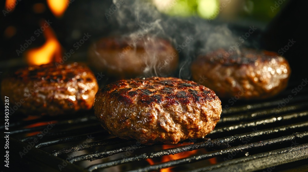The close-up shows burgers sizzling on the barbecue, with wisps of smoke rising The close-up shows burgers sizzling on the barbecue, with wisps of smoke rising