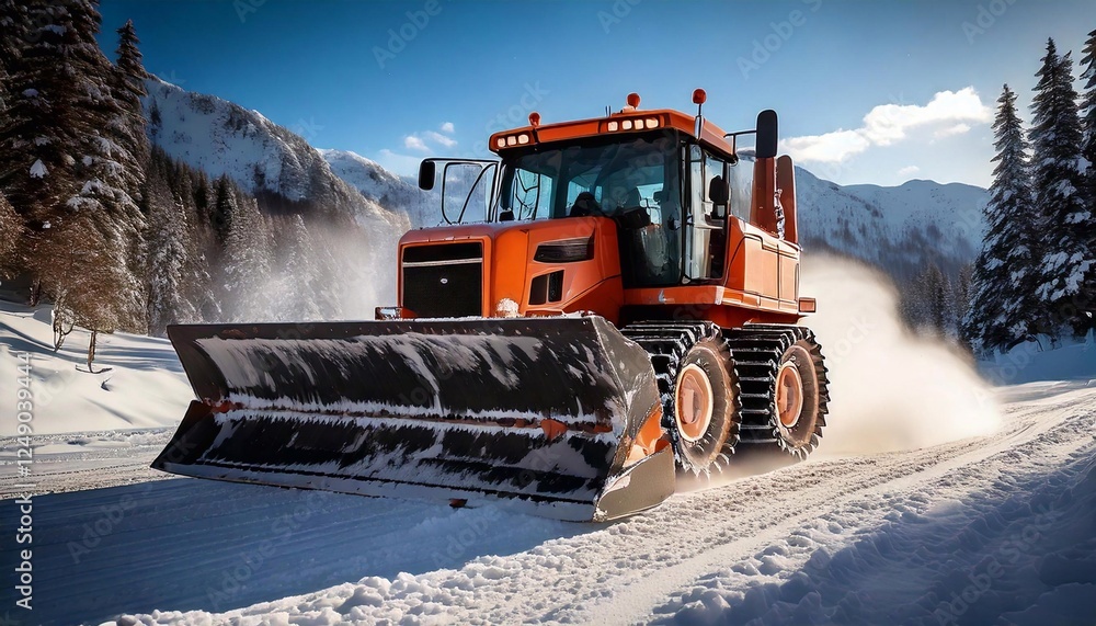 Powerful snowplow clears a mountain road under a bright winter sky Powerful snowplow clears a mountain road under a bright winter sky