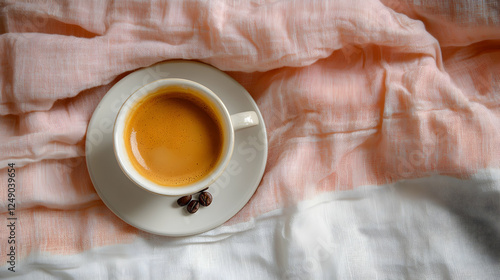 Espresso cup on pink fabric. Morning coffee photo