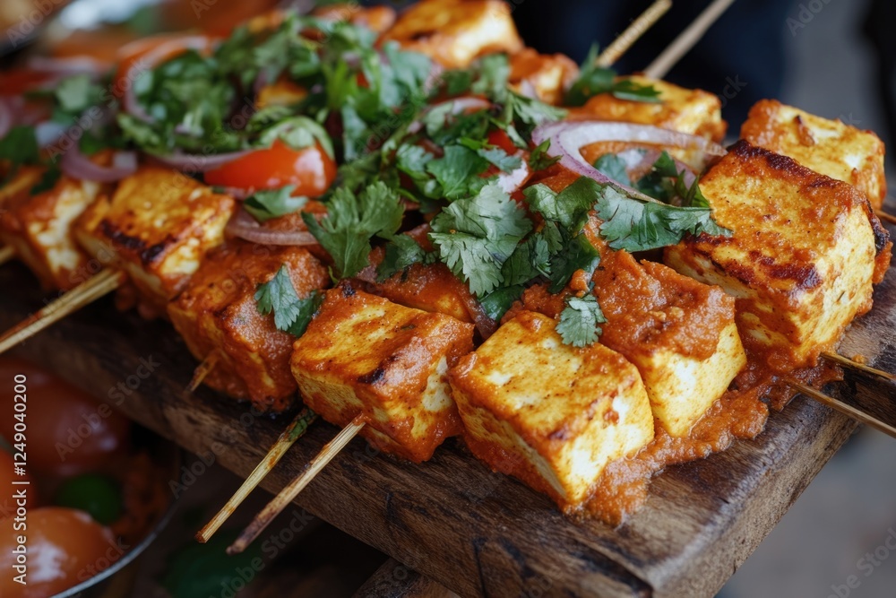 Vibrant and delicious-looking tofu skewers, served on a wooden board with a selection of garnishing herbs. This could be enjoyed at a cultural or international food event. Vibrant and delicious-looking tofu skewers, served on a wooden board with a selection of garnishing herbs. This could be enjoyed at a cultural or international food event.