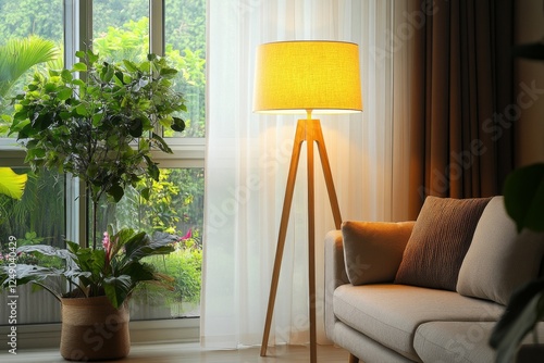 Illuminated floor lamp in living room, near sofa, plants, window photo