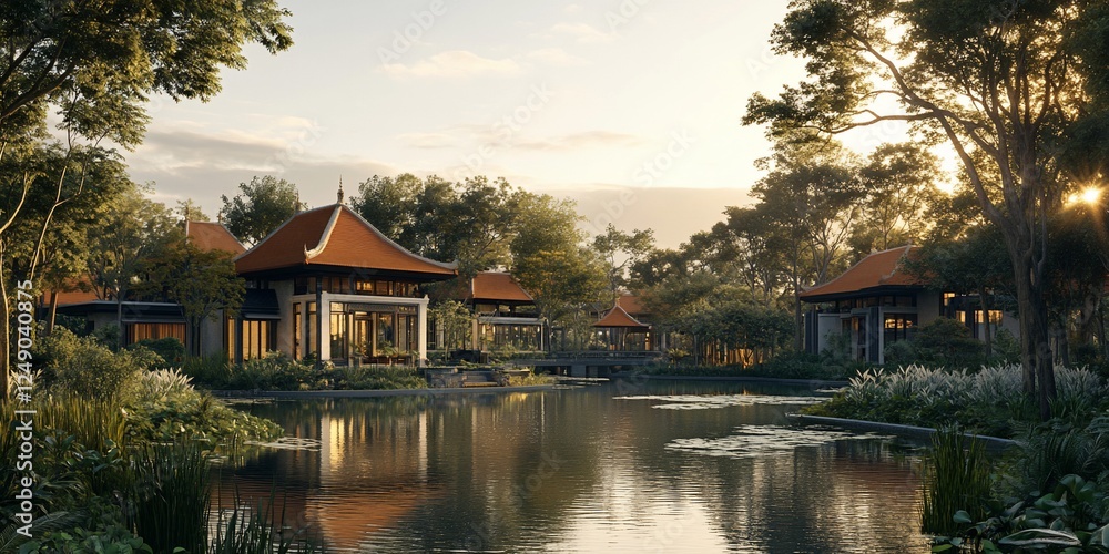 Obraz premium Asian-style villas, sunset, tranquil pond, lush greenery. Resort design