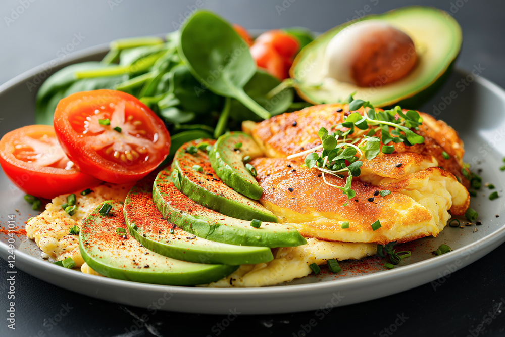 Fresh avocado omelette with spinach and tomatoes Fresh avocado omelette with spinach and tomatoes