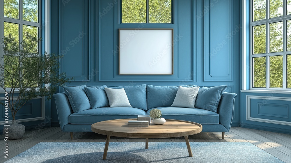 Fototapeta premium Round wooden coffee table near sofa and armchair against window and wall with blank mockup poster frame. Scandinavian interior design of modern living room.